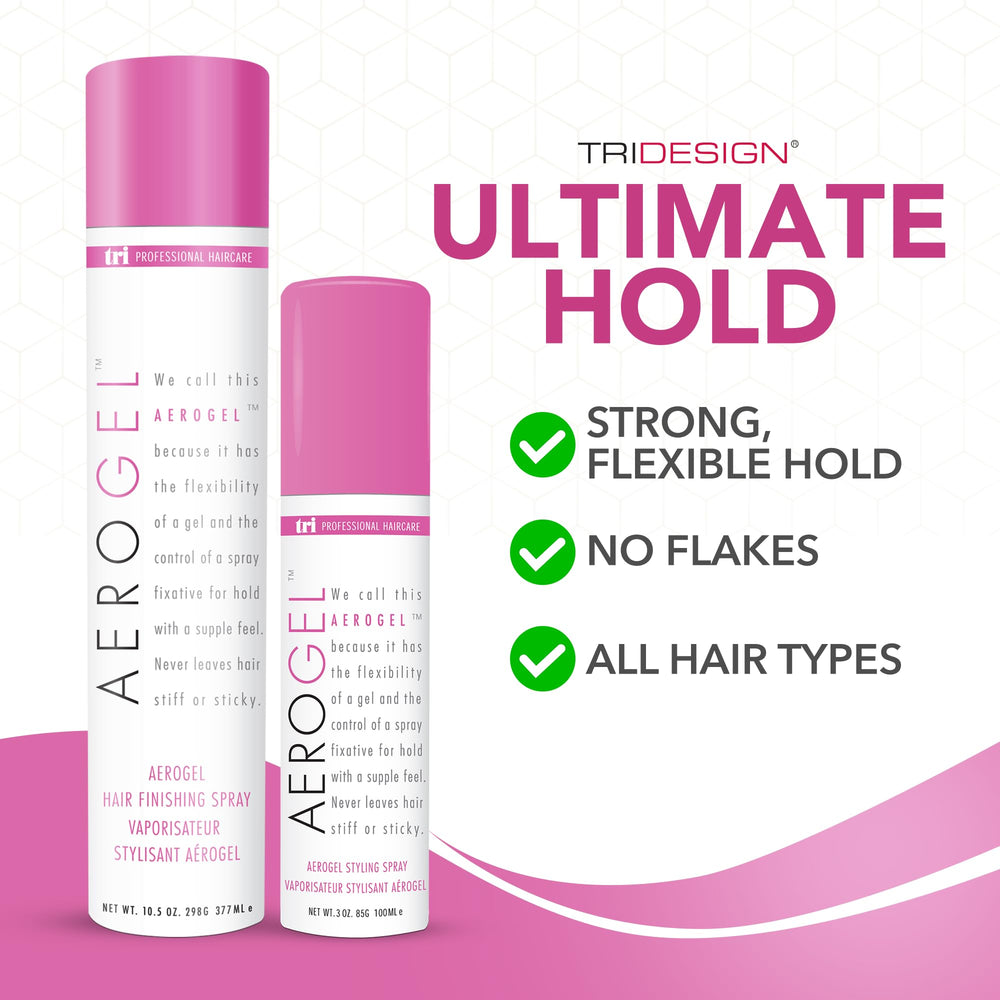 TRI Design Aerogel hairspray being sprayed for lightweight, flexible hold.