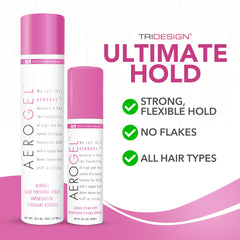 TRI Design Aerogel hairspray being sprayed for lightweight, flexible hold.