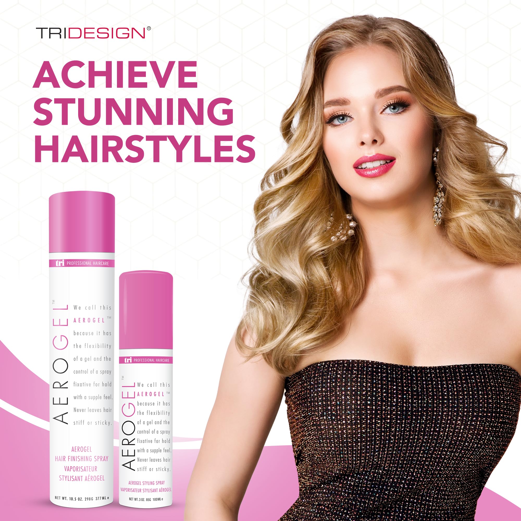 TRI Design Aerogel hairspray strong-hold styling without stiffness for versatility.