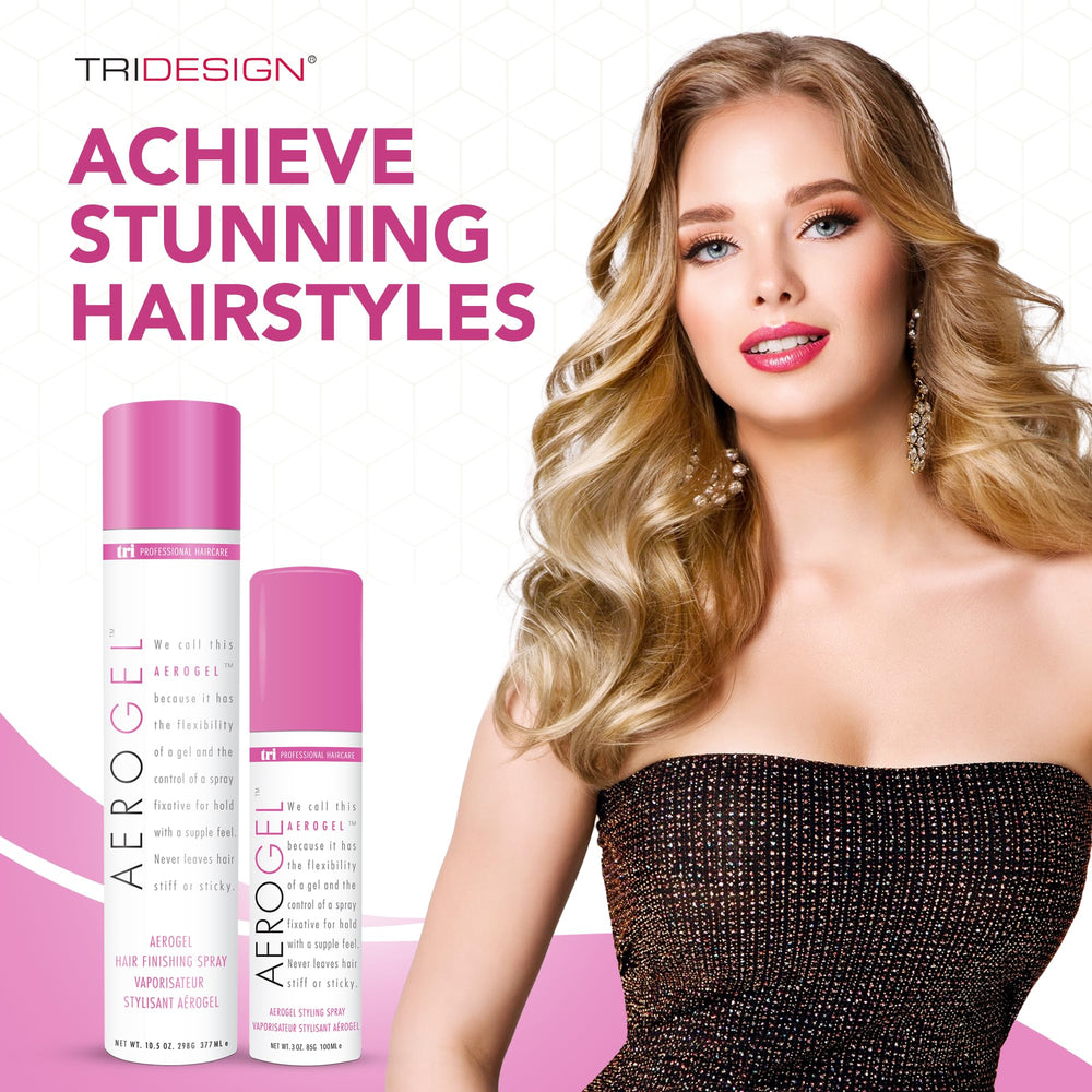 TRI Design Aerogel hairspray strong-hold styling without stiffness for versatility.