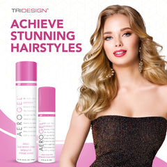 TRI Design Aerogel hairspray strong-hold styling without stiffness for versatility.