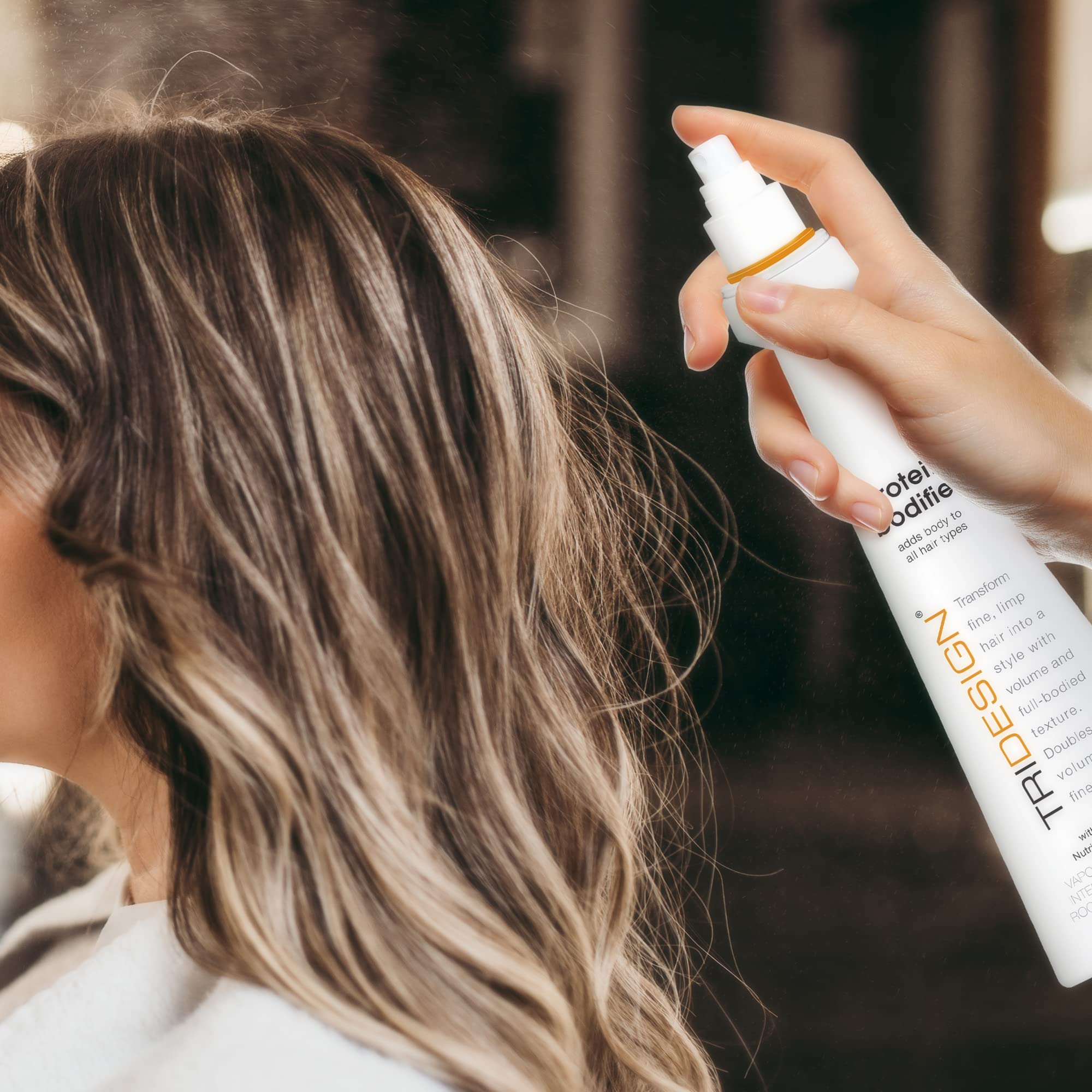 TRIDESIGN Protein Bodifier close-up highlights the protein-based formula for stronger-looking strands