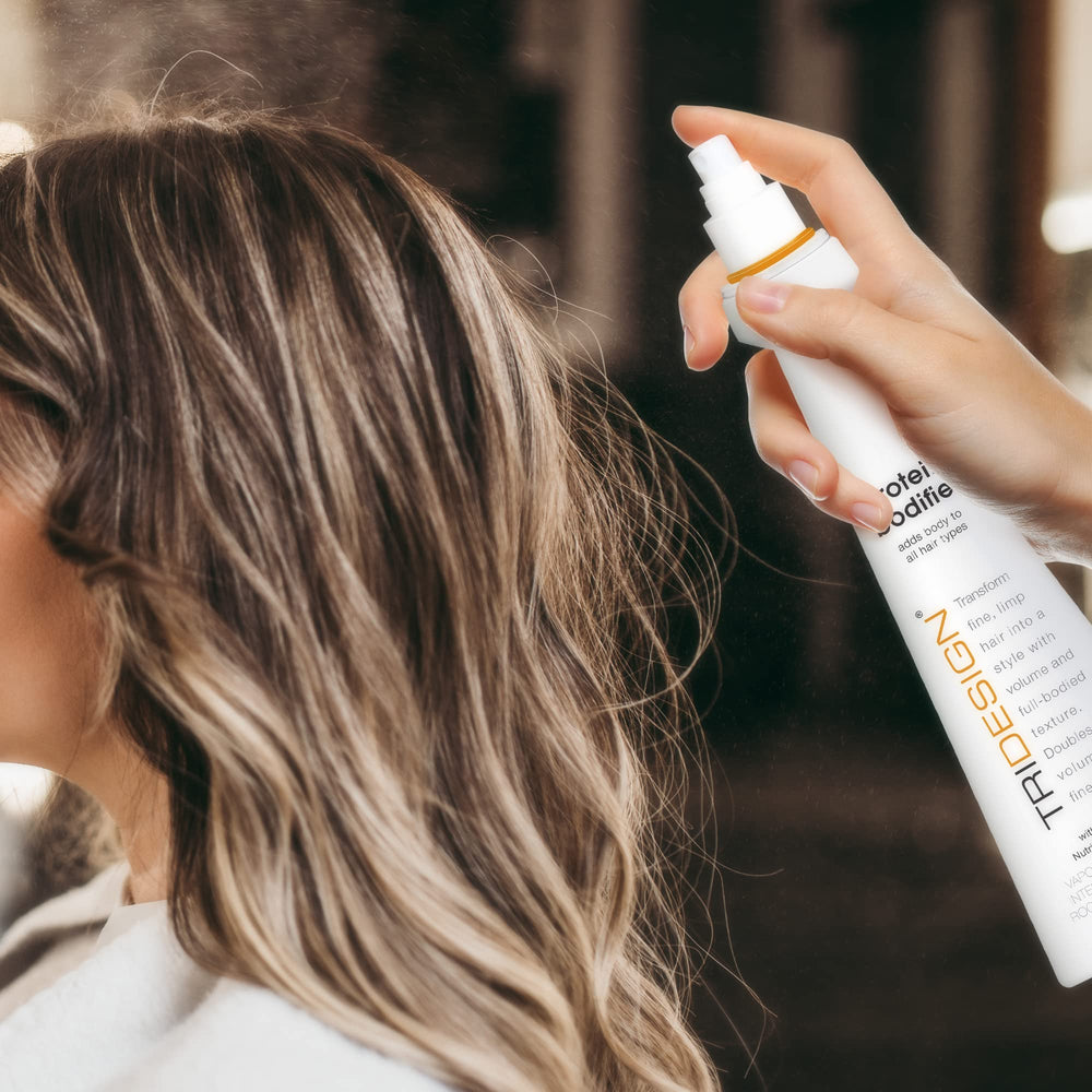 TRIDESIGN Protein Bodifier close-up highlights the protein-based formula for stronger-looking strands