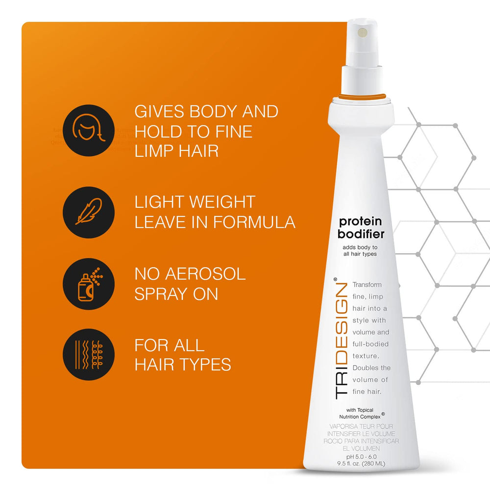 TRIDESIGN Protein Bodifier spray application demonstrates lightweight hold without stiffness