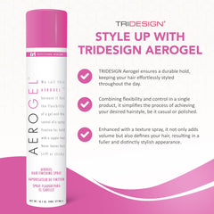 TRIDESIGN TRI Design Aerogel hairspray bottle side view for flexible styling