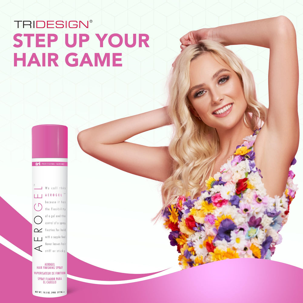 TRIDESIGN TRI Design Aerogel hairspray four pack on display with hold demonstration