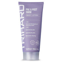 TRIHARD Chlorine Defense bottle front shows pre- and post-swim protection for sensitive skin.