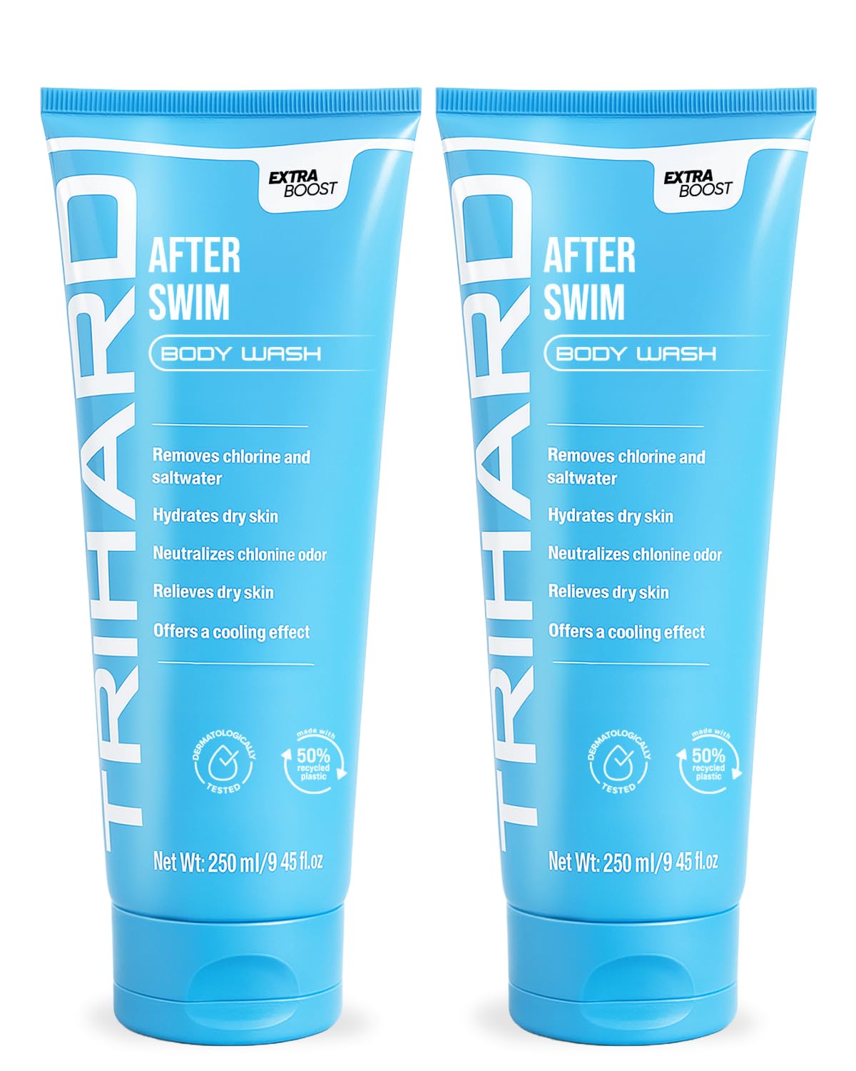 TRIHARD chlorine-removal-body-wash bottle cleans chlorine residue after swimming.