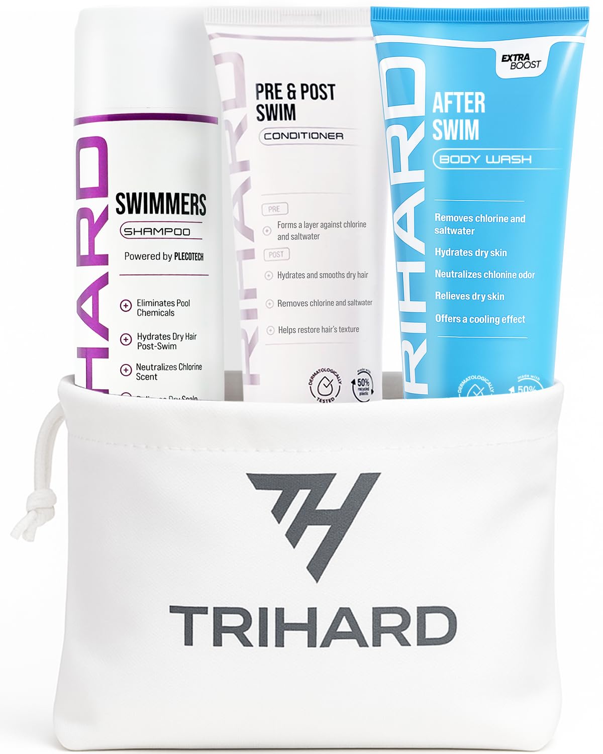 TRIHARD shampoo bottle for chlorine removal promotes post-swim refreshment
