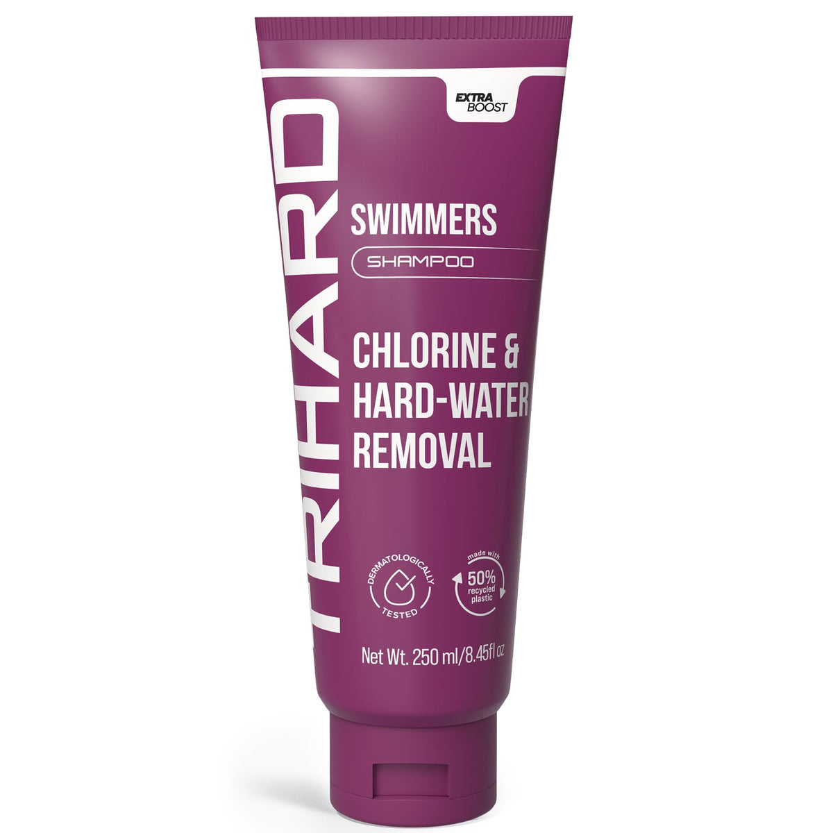 TRIHARD Swim Shampoo bottle by the pool for post-swim hydration.