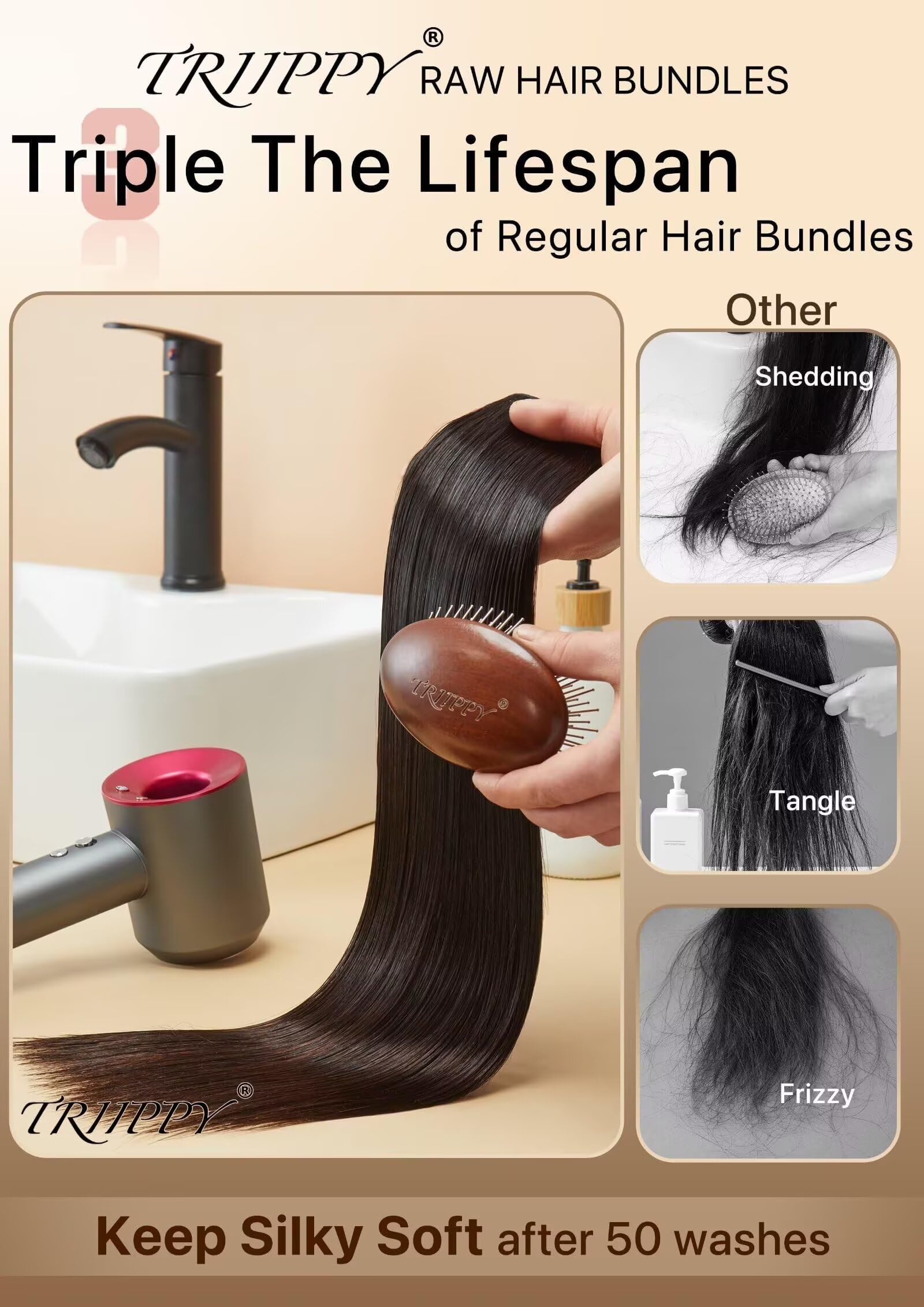 Triippy Straight Bundles bounce test image highlights elasticity after washes for long-lasting fullness.