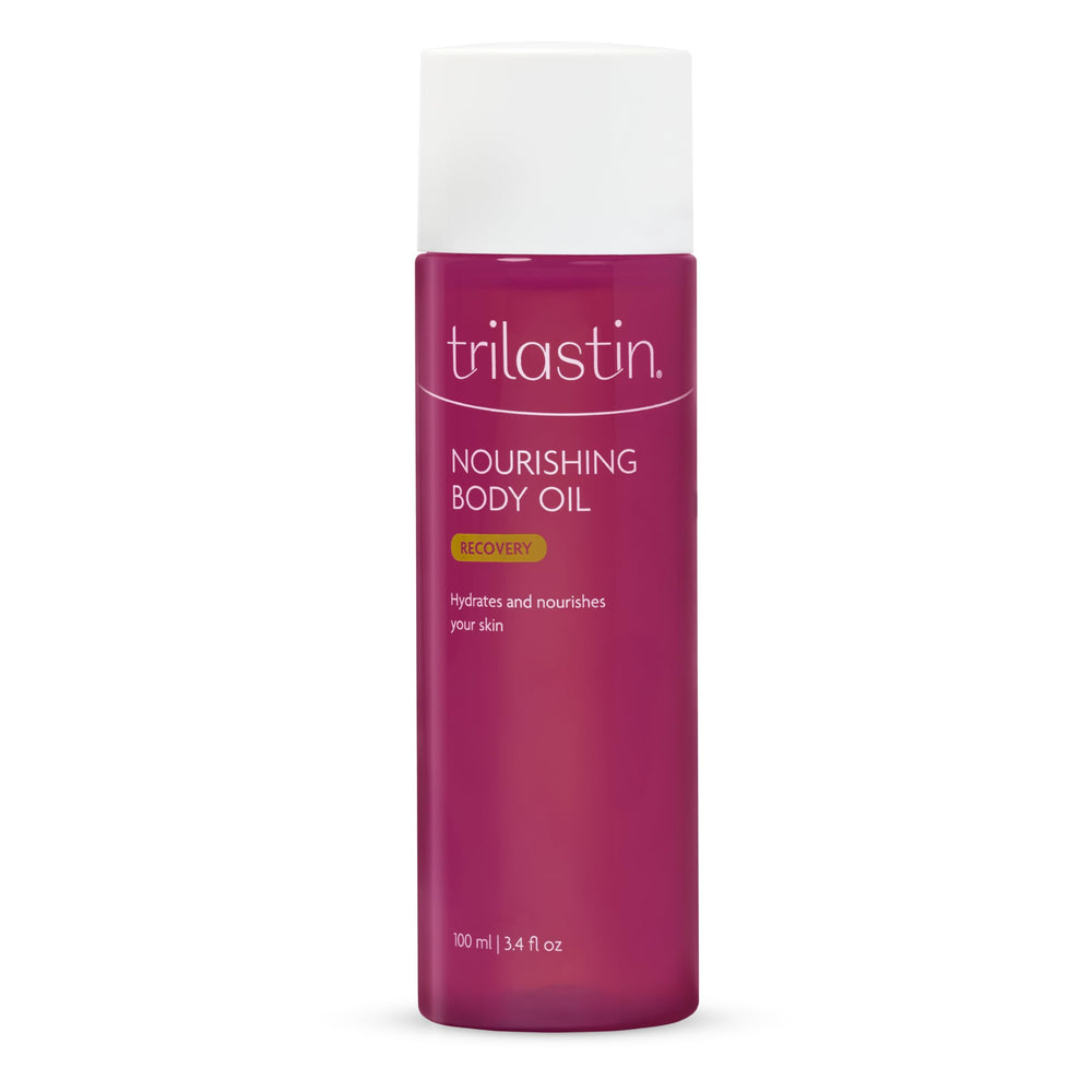 TriLASTIN Belly Oil bottle ready for daily nourishment of dry, stretched skin