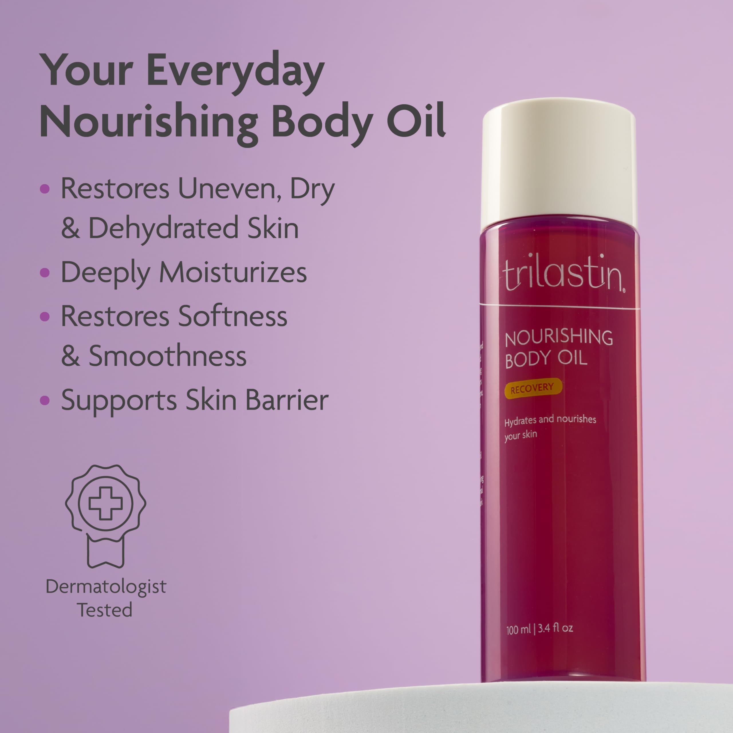 TriLASTIN Belly Oil pours into palm delivering lightweight hydration