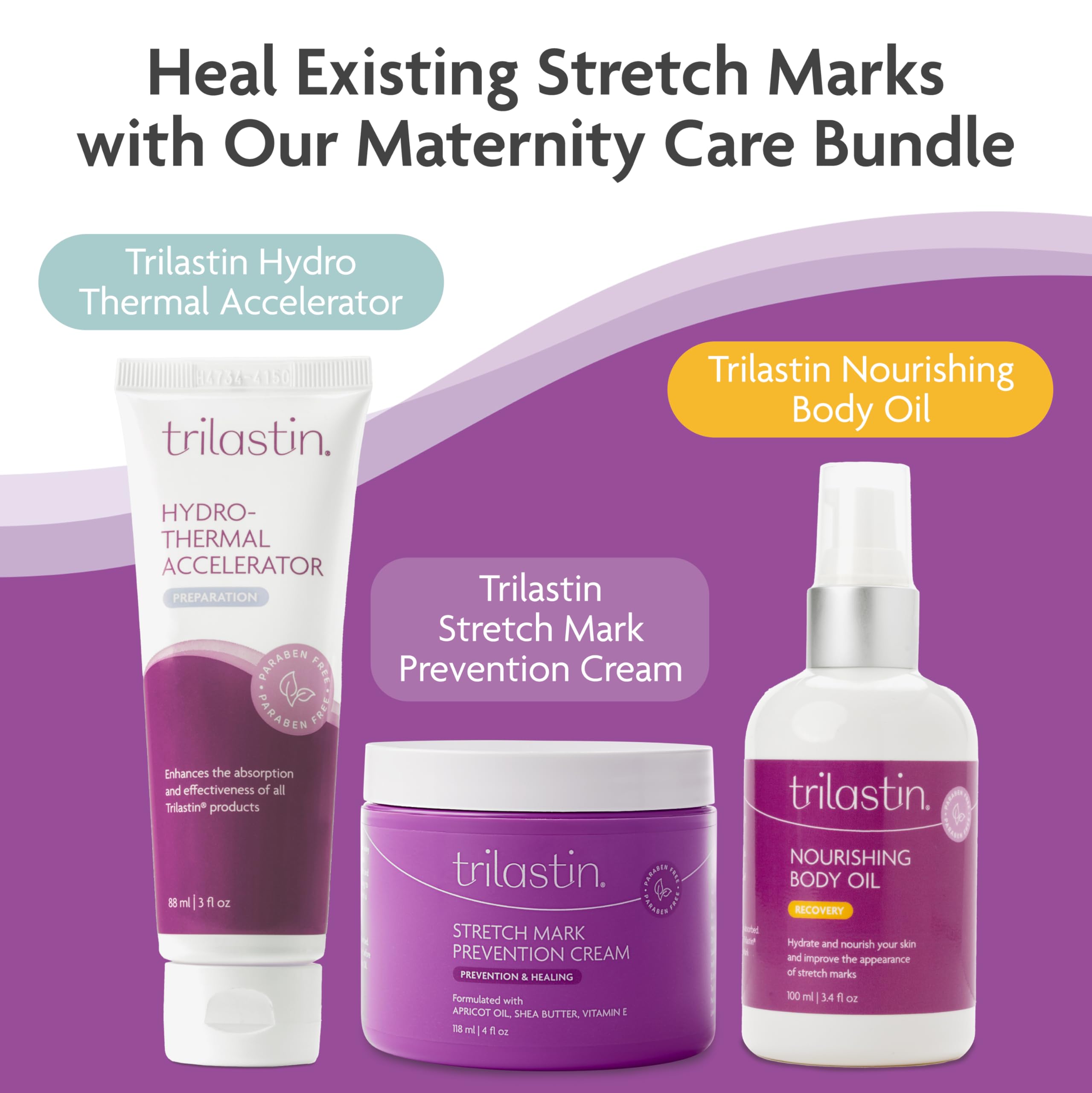 TriLASTIN pregnancy skincare packaging box emphasizes convenient 4 oz tube.
