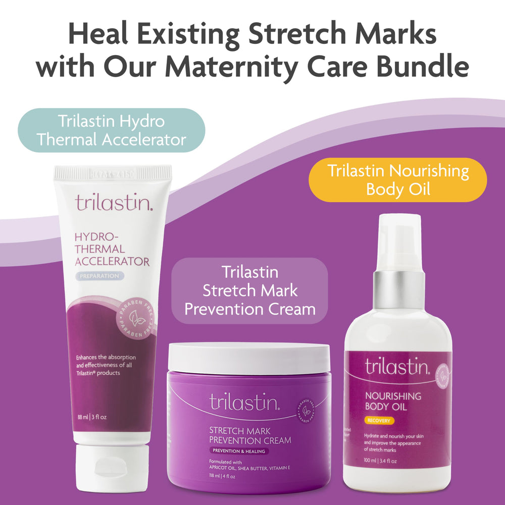TriLASTIN pregnancy skincare packaging box emphasizes convenient 4 oz tube.