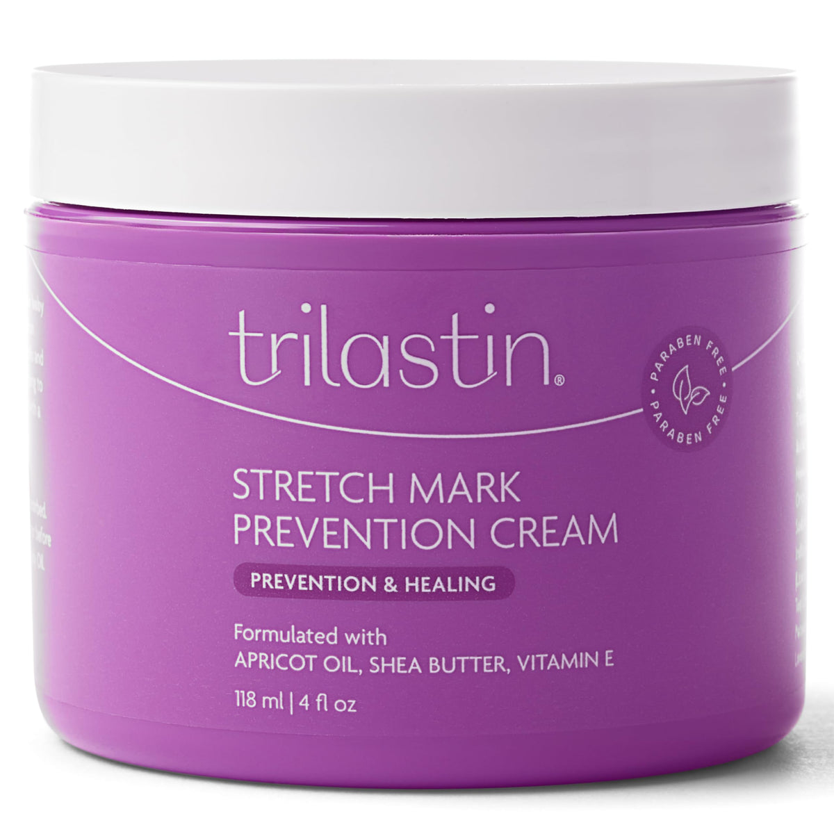 TriLASTIN pregnancy stretch mark cream bottle closeup for gentle daily hydration.