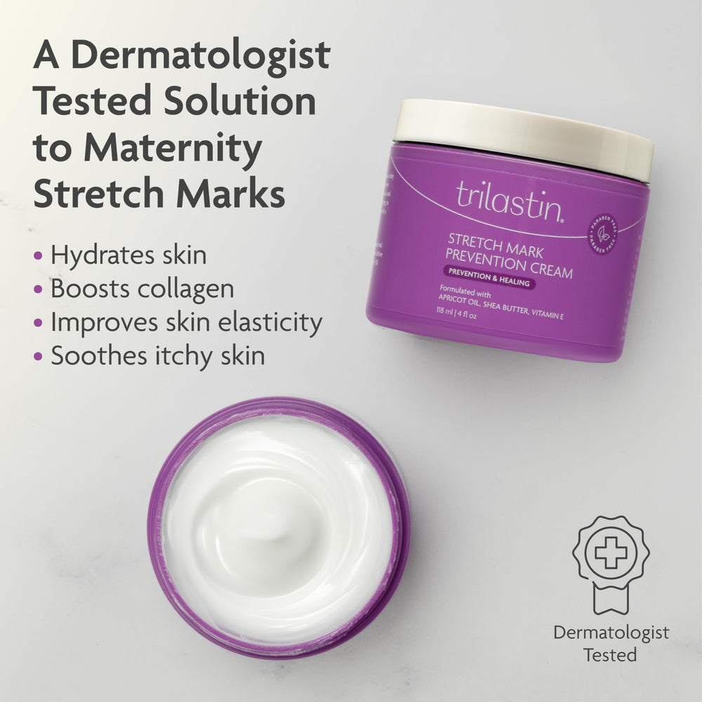 TriLASTIN stretch-mark cream label paraben-free highlights clean ingredients for pregnancy care.