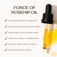 Trilogy Rosehip Oil amber liquid ready for daily skin nourishment.