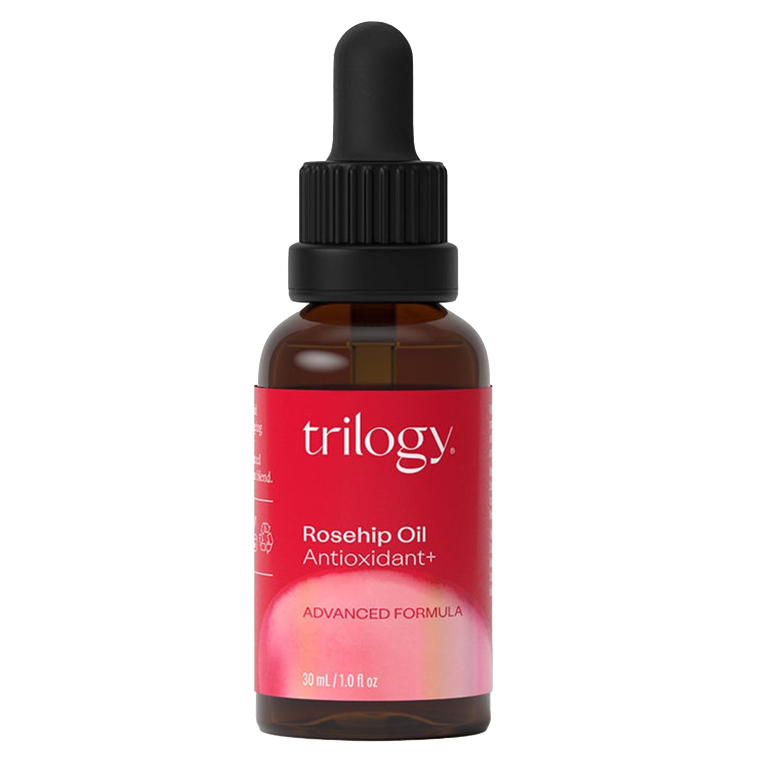 Trilogy Rosehip Oil Antioxidant+ bottle soothing and hydrating for all skin types.