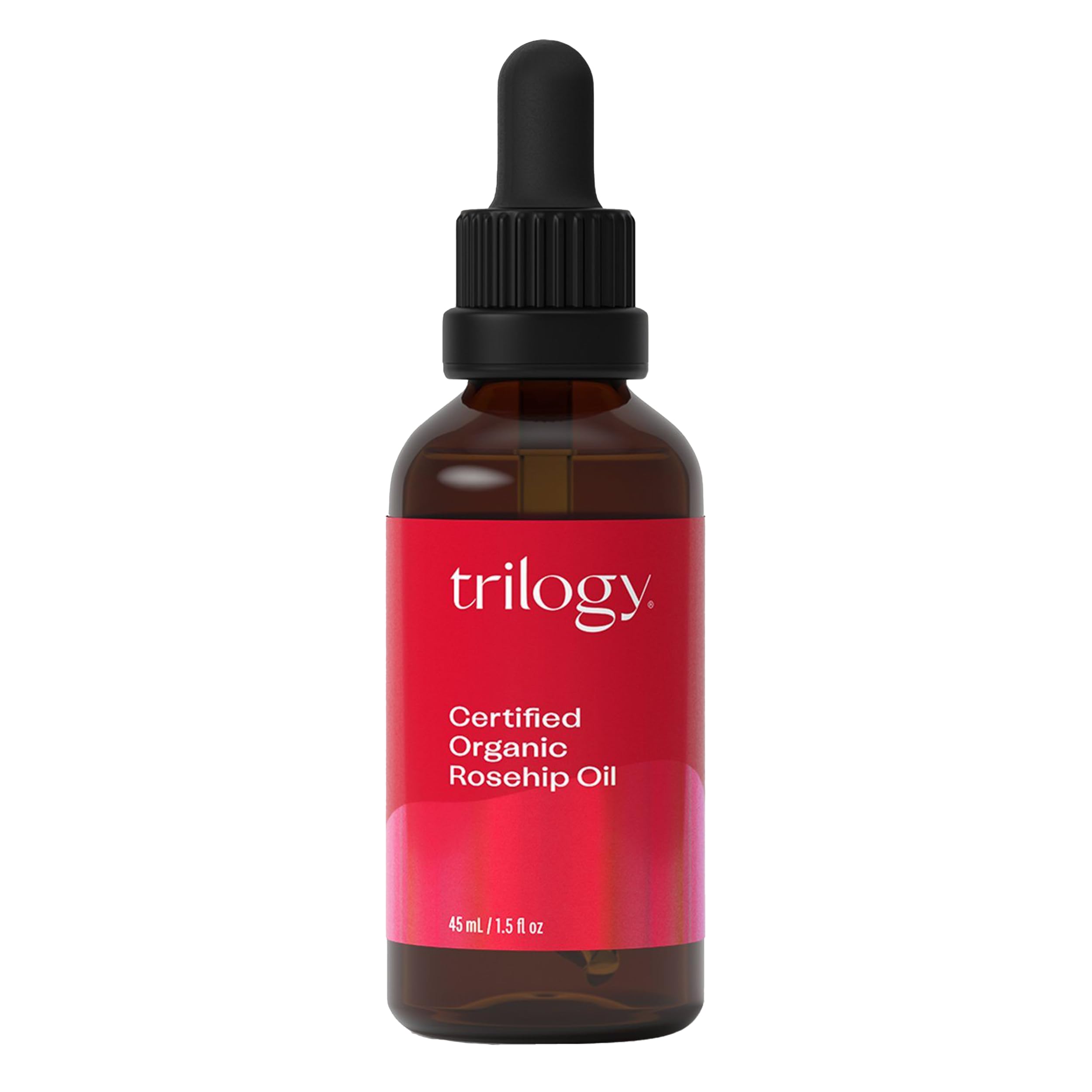 Trilogy rosehip oil bottle with pure formula for daily facial hydration.