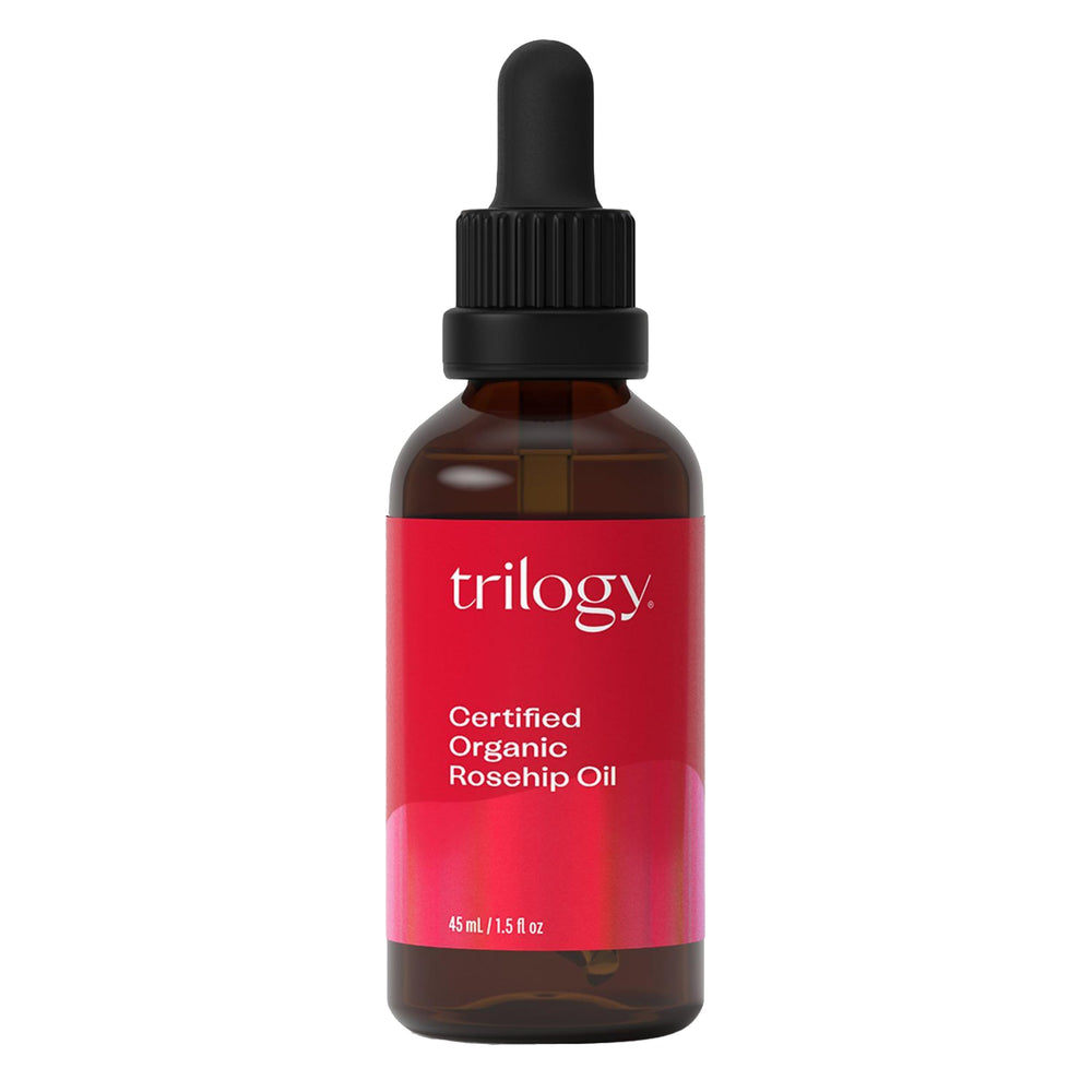 Trilogy rosehip oil bottle with pure formula for daily facial hydration.
