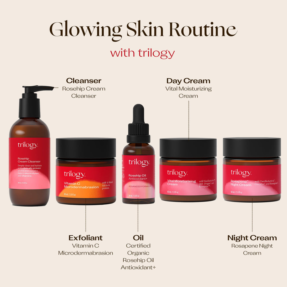 Trilogy Rosehip Oil Antioxidant+ oat-extract ingredient close-up signaling soothing care.