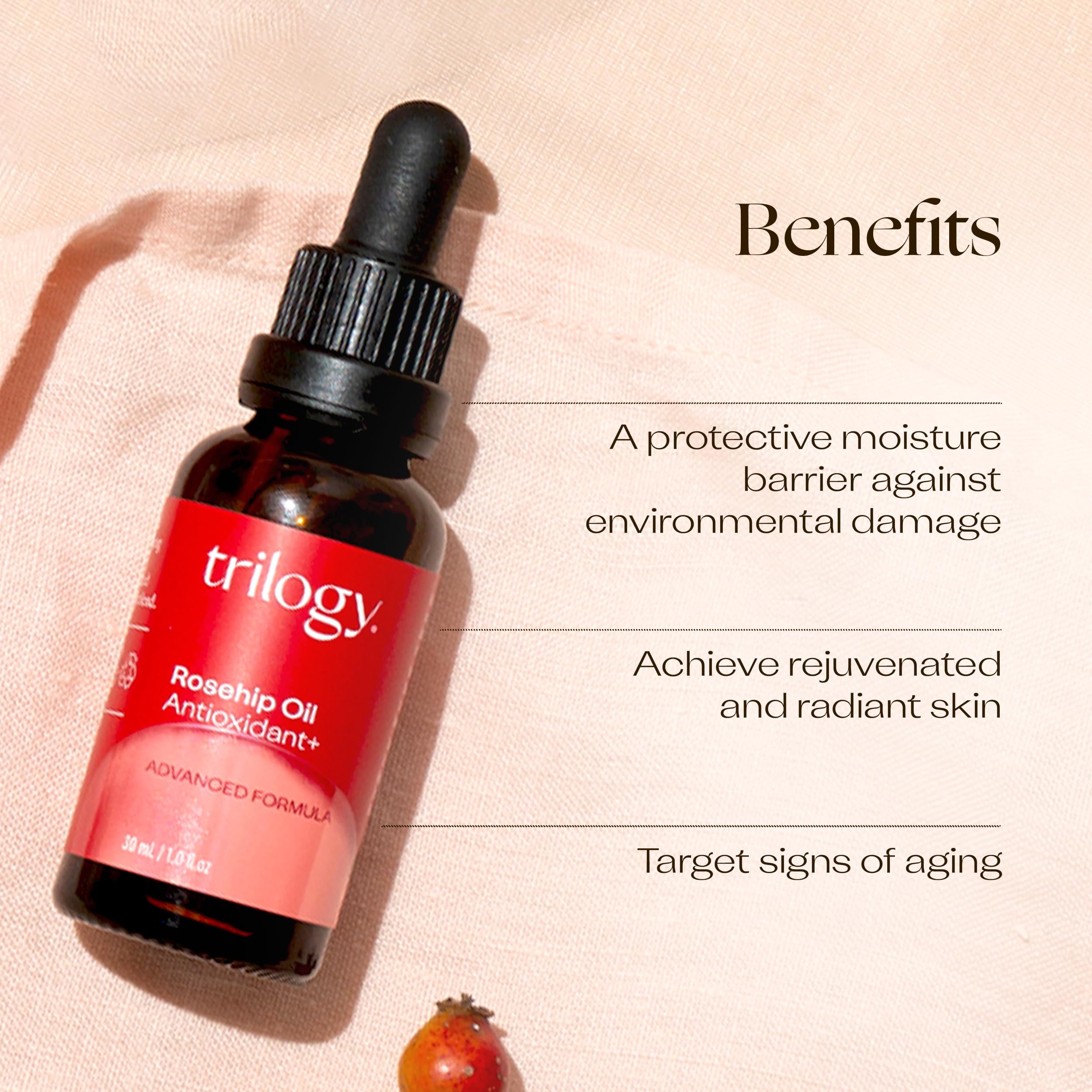Trilogy Rosehip Oil Antioxidant+ texture shot suggests lightweight hydration and quick absorption.