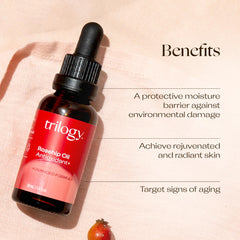 Trilogy Rosehip Oil Antioxidant+ texture shot suggests lightweight hydration and quick absorption.