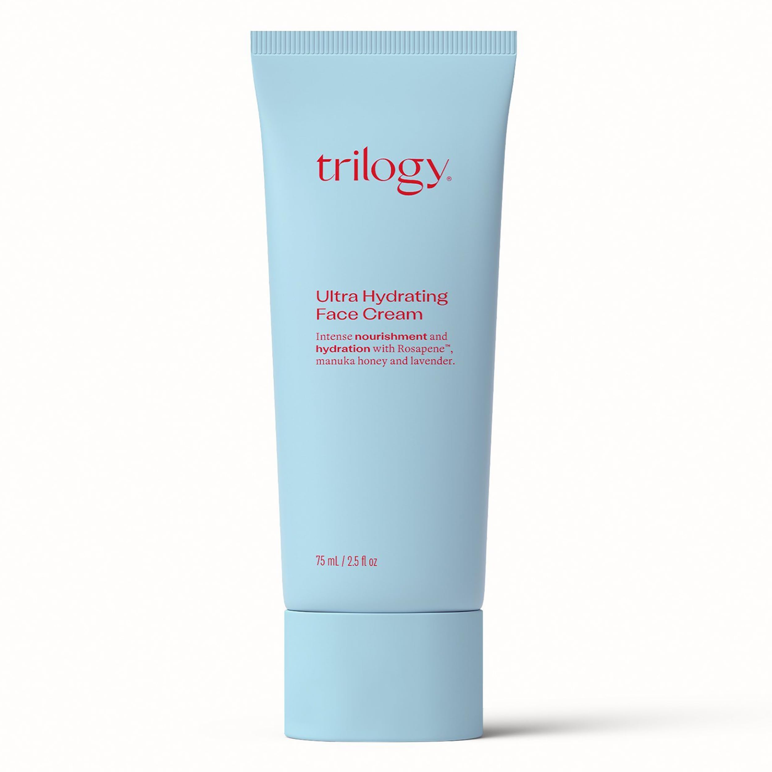 Trilogy Ultra Hydrating Face Cream jar close-up showing creamy texture for lasting moisture