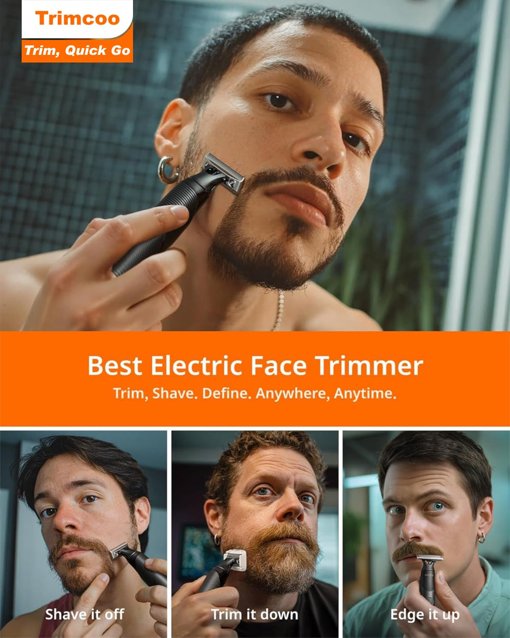 Trimcoo beard body trimmer blades closeup highlighting magnetic snap blade system for easy cleaning.