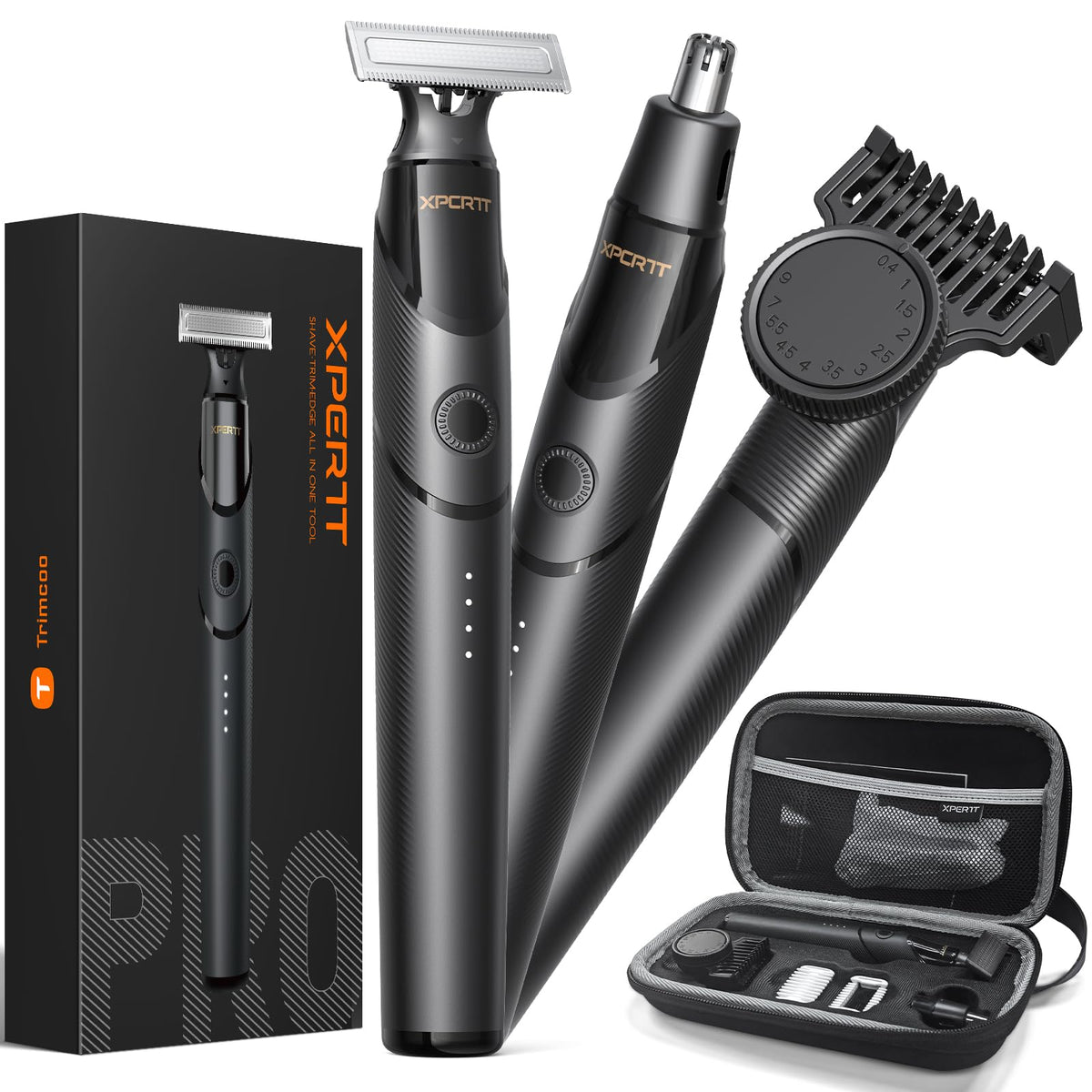 Trimcoo beard-nose-trimmer-pack-front view showcases all-in-one grooming for on-the-go styling
