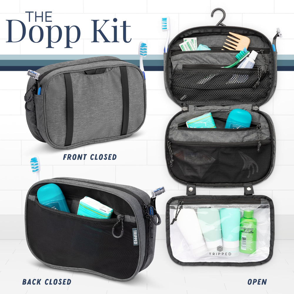 TRIPPED 311 liquids bag inside hanging bag showing adjustable clip.