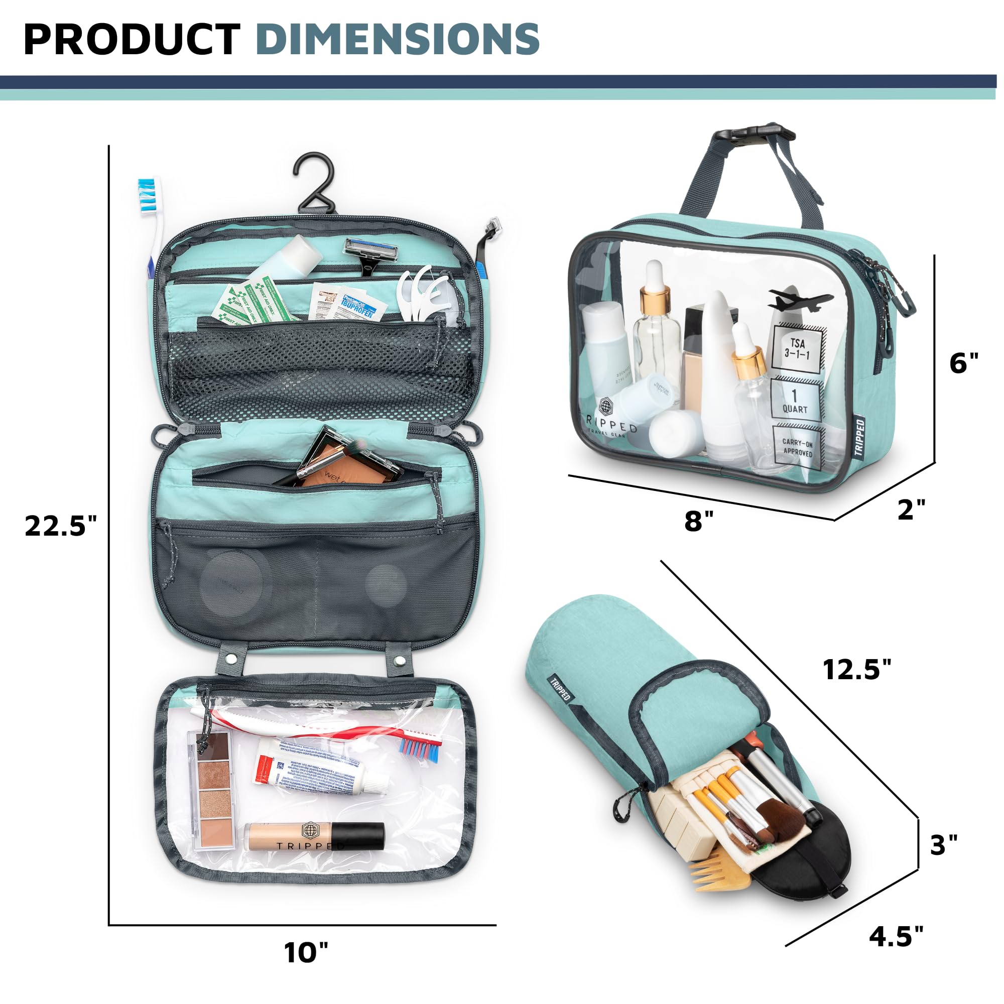 TRIPPED accessory organizer pouch in dusty teal keeps makeup and cords neatly in one place.