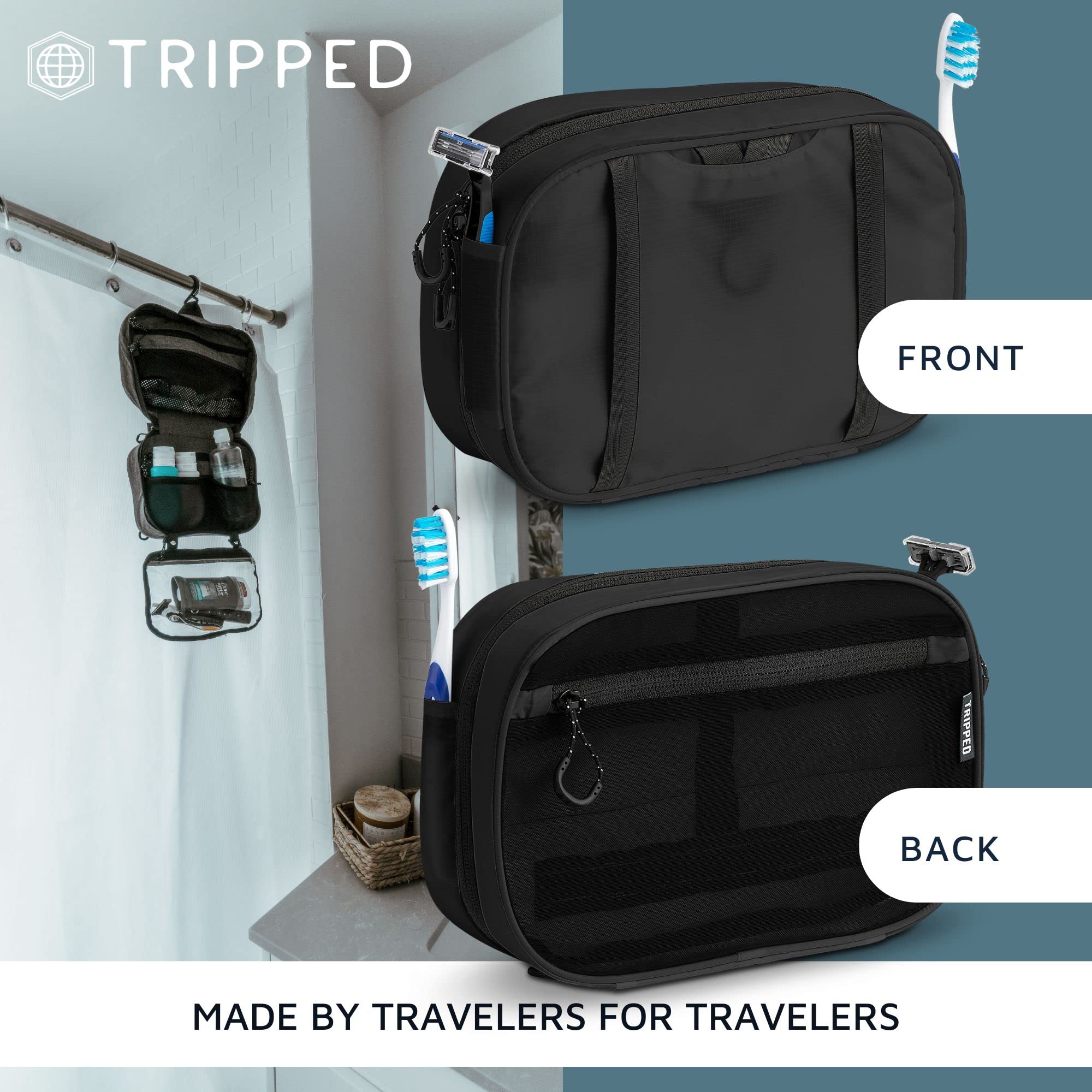 TRIPPED Black ripstop travel set ready for quick overnight trips.