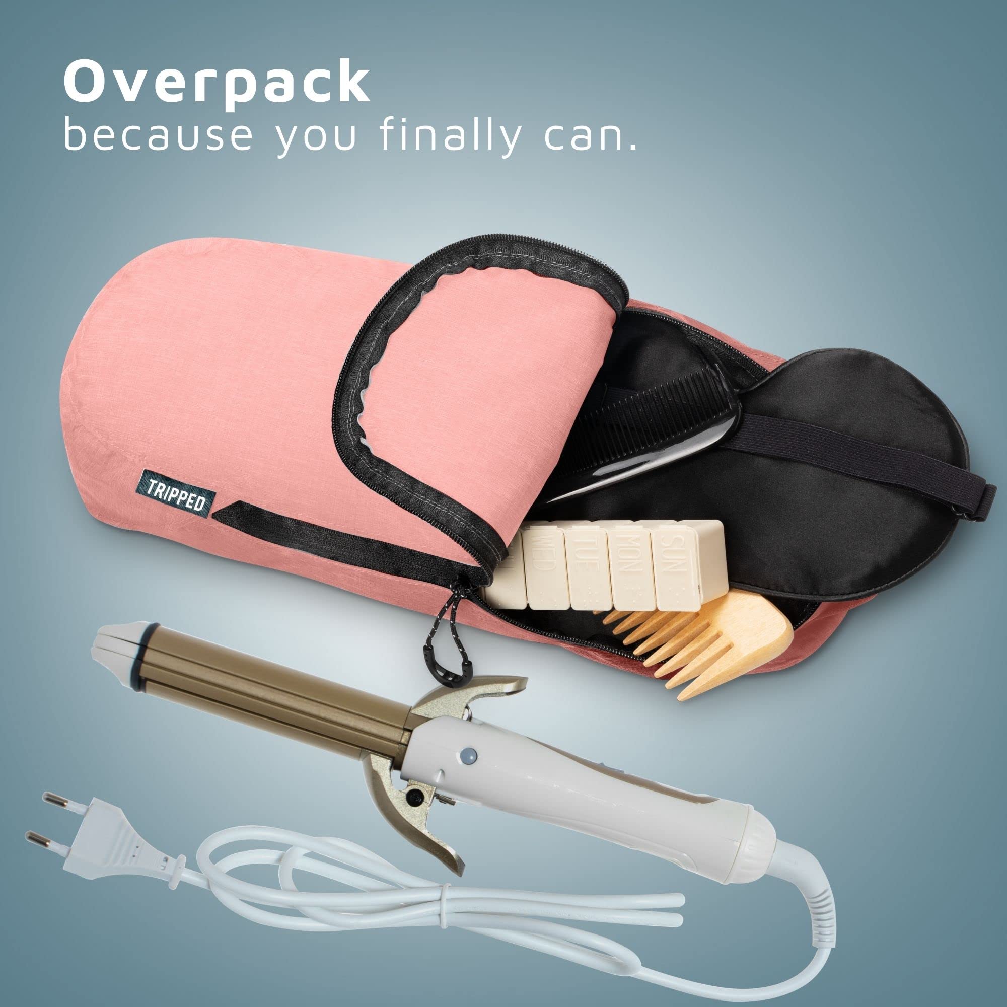 TRIPPED Compact travel kit demonstrates space-saving design in luggage.