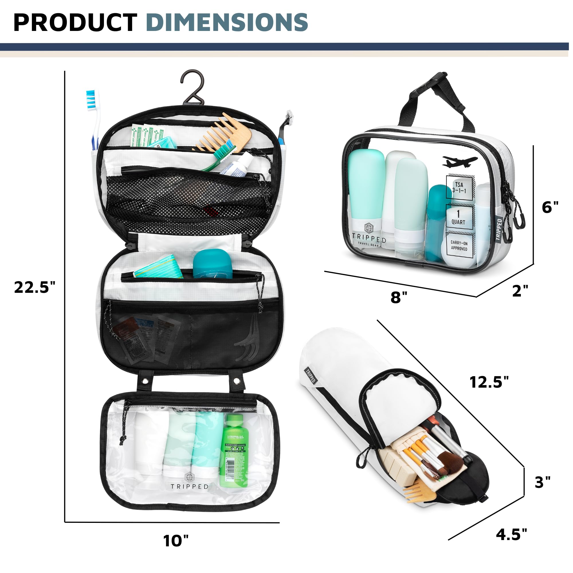 TRIPPED Travel Gear Toiletry Bag Kit Set detachable clear bag doubles as a shower tote.