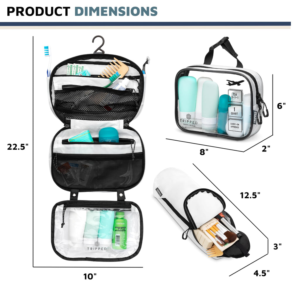 TRIPPED Travel Gear Toiletry Bag Kit Set detachable clear bag doubles as a shower tote.