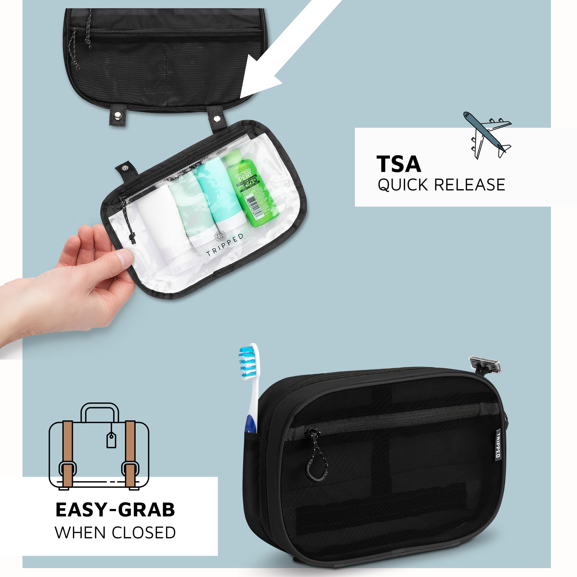 TRIPPED Detachable quickclip on 311 bag enables secure shower or towel use.