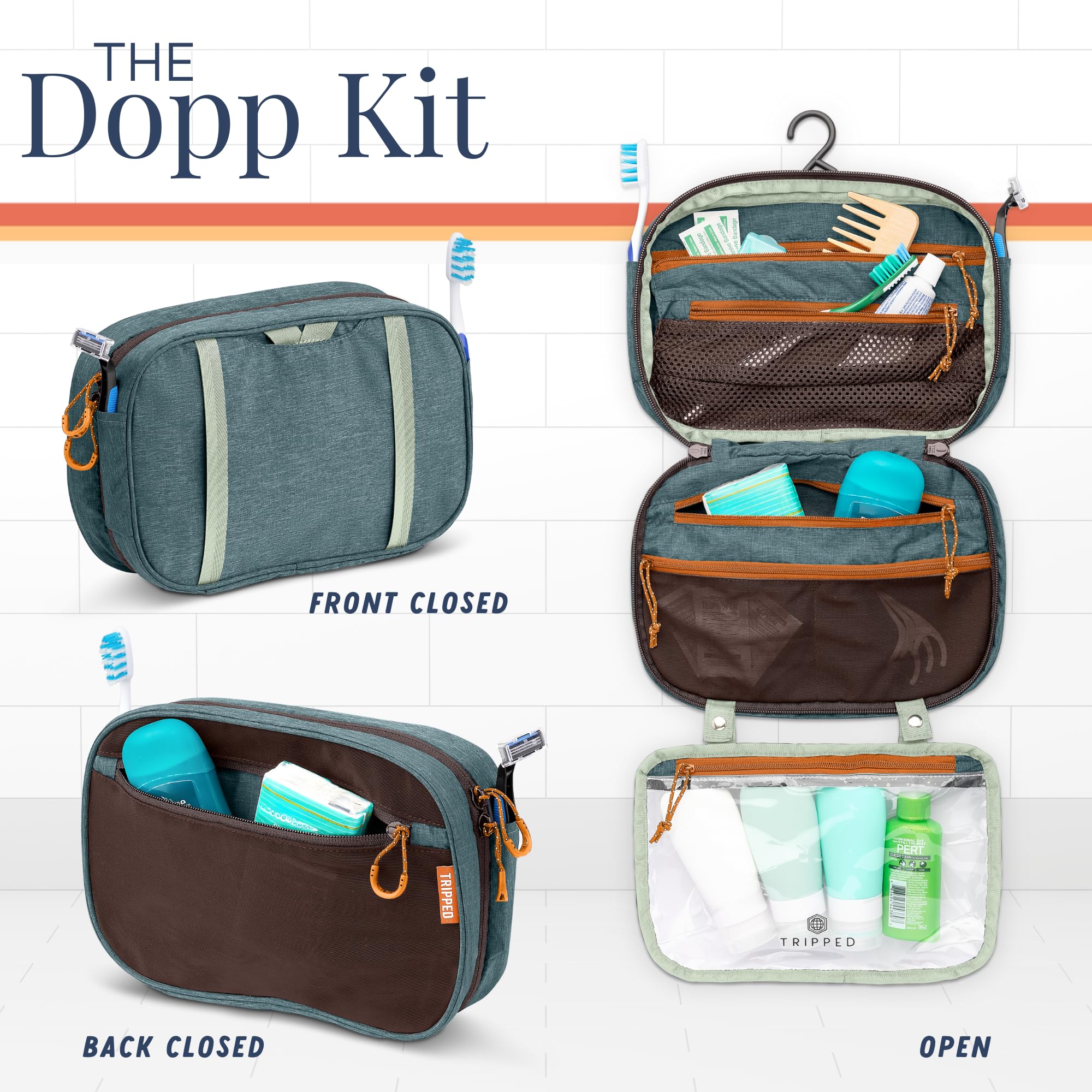 TRIPPED Hanging bag folds compactly to 10x7 inches for space-saving packing.