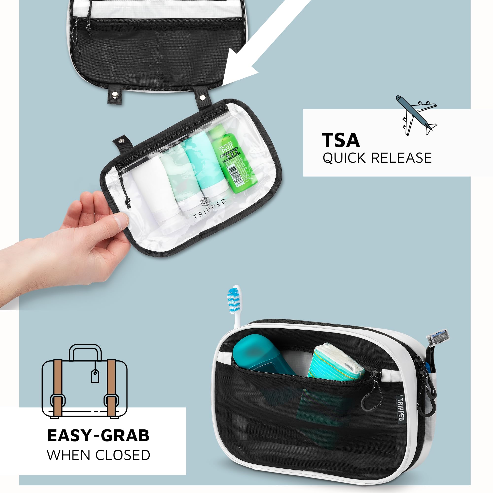 TRIPPED Travel Gear Toiletry Bag Kit Set compact folded dimensions for space-saving packing.
