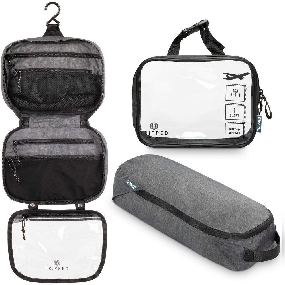 TRIPPED hanging toiletry bag closed for compact travel organization.