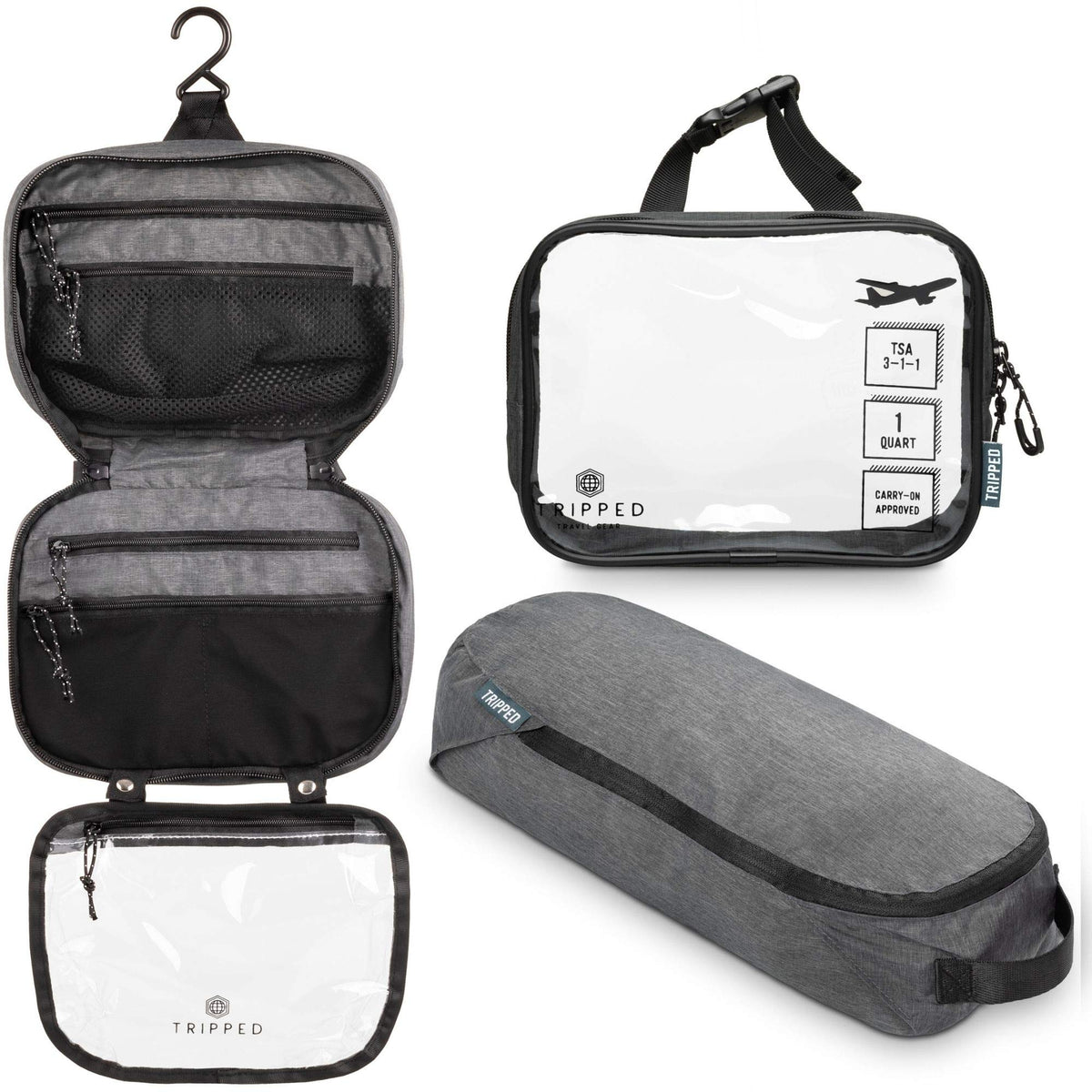 TRIPPED hanging toiletry bag closed for compact travel organization.