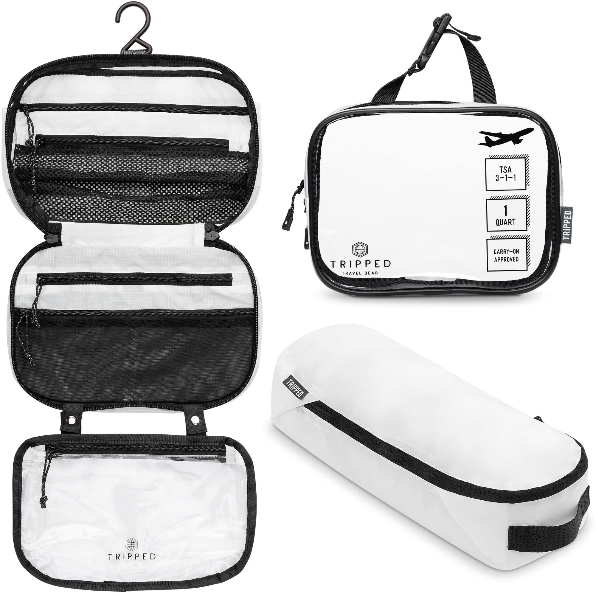 TRIPPED Travel Gear Toiletry Bag Kit Set hanging bag keeps toiletries organized for quick access.