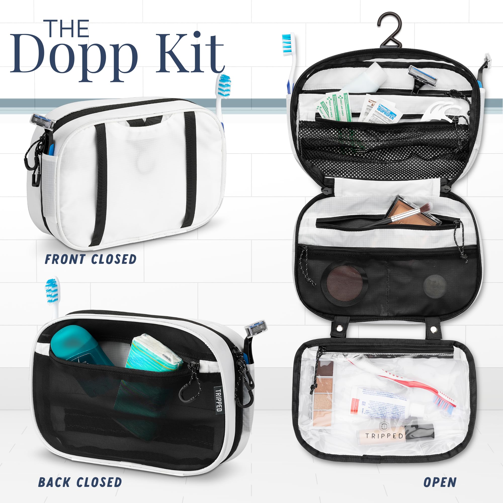 TRIPPED Travel Gear Toiletry Bag Kit Set black mesh pockets expand to secure essentials.