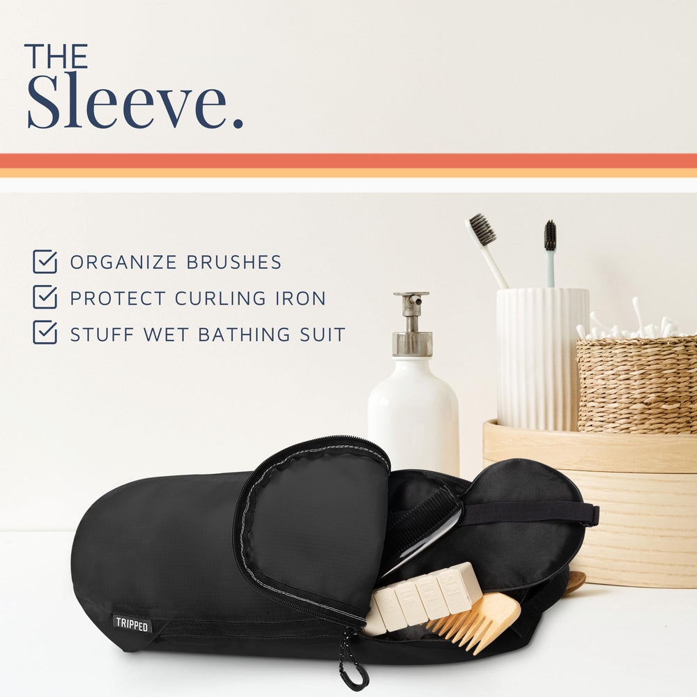 TRIPPED Mesh-pocket expansion demonstrates flexible storage for toiletries and tools.