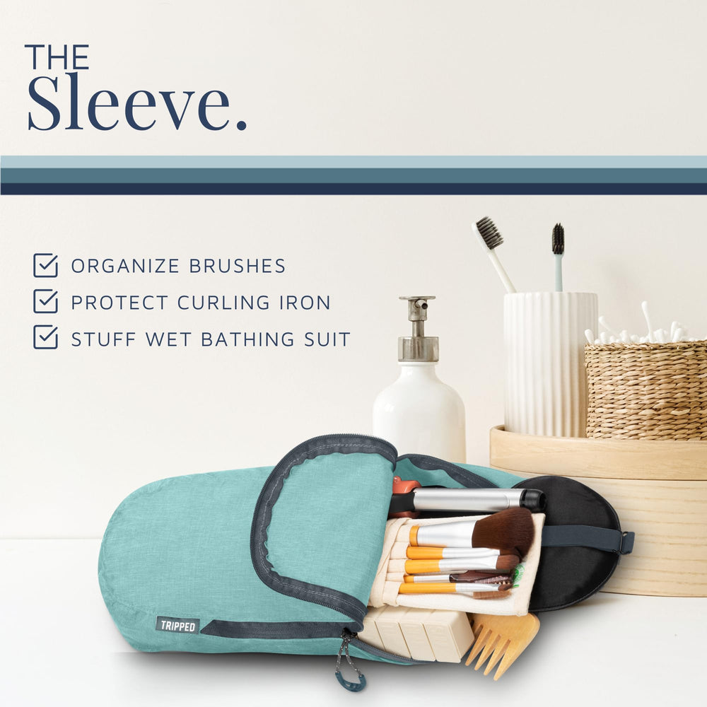 TRIPPED hanging bag mesh pockets organize toiletries and accessories.