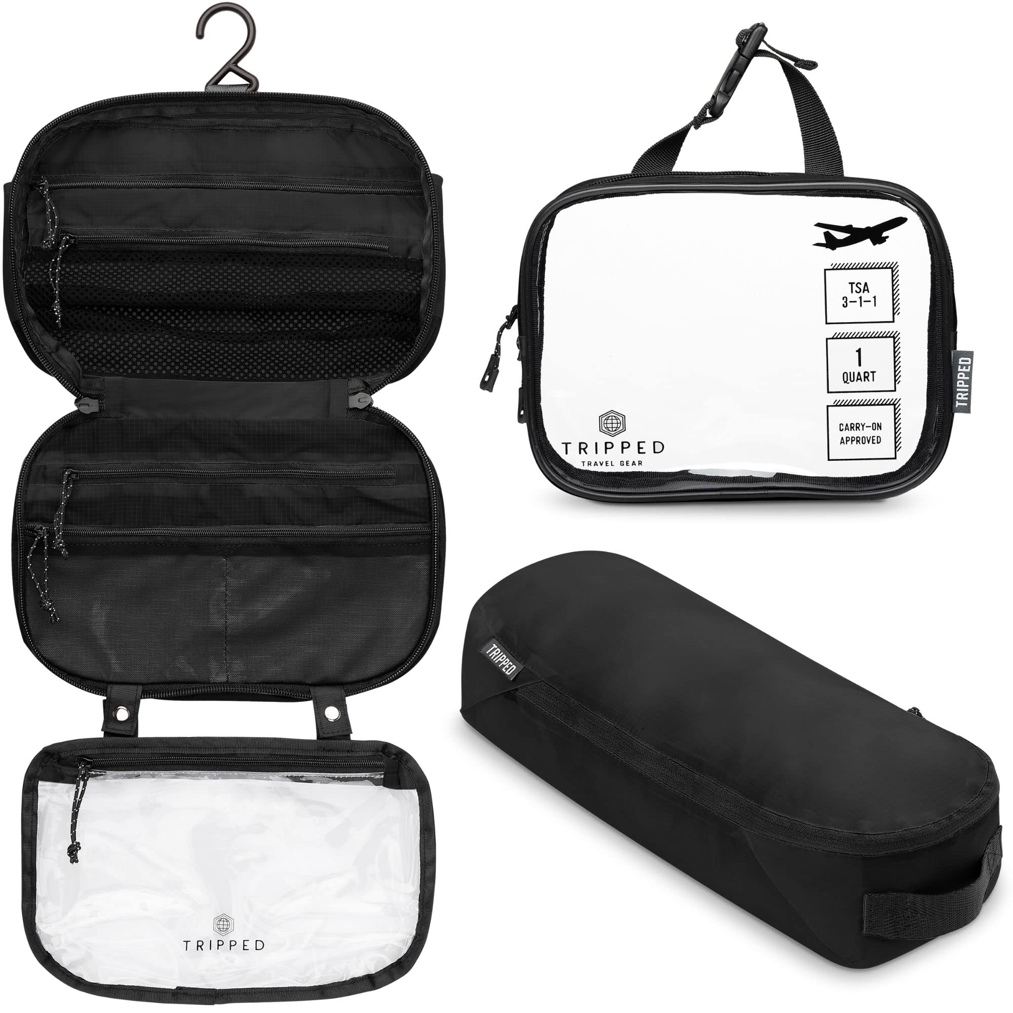 TRIPPED Toiletry Bag Set hanging view demonstrates organized travel.