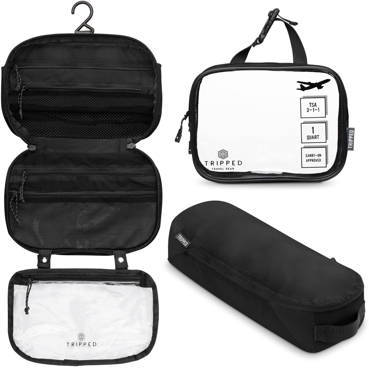 TRIPPED Toiletry Bag Set hanging view demonstrates organized travel.