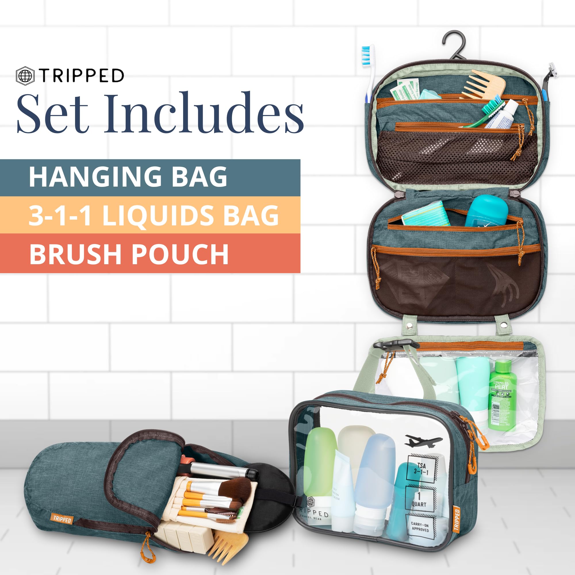 TRIPPED Toiletry Bag Set in green offers stylish, organized travel gear.