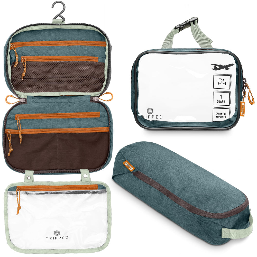 TRIPPED Toiletry Bag Set Hanging ready for easy access on the go.